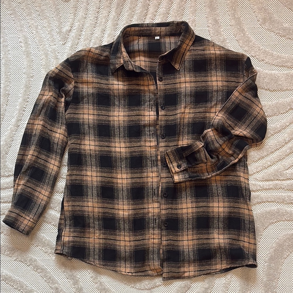 Black and Tan Button Down Shirt with Classic Plaid Design